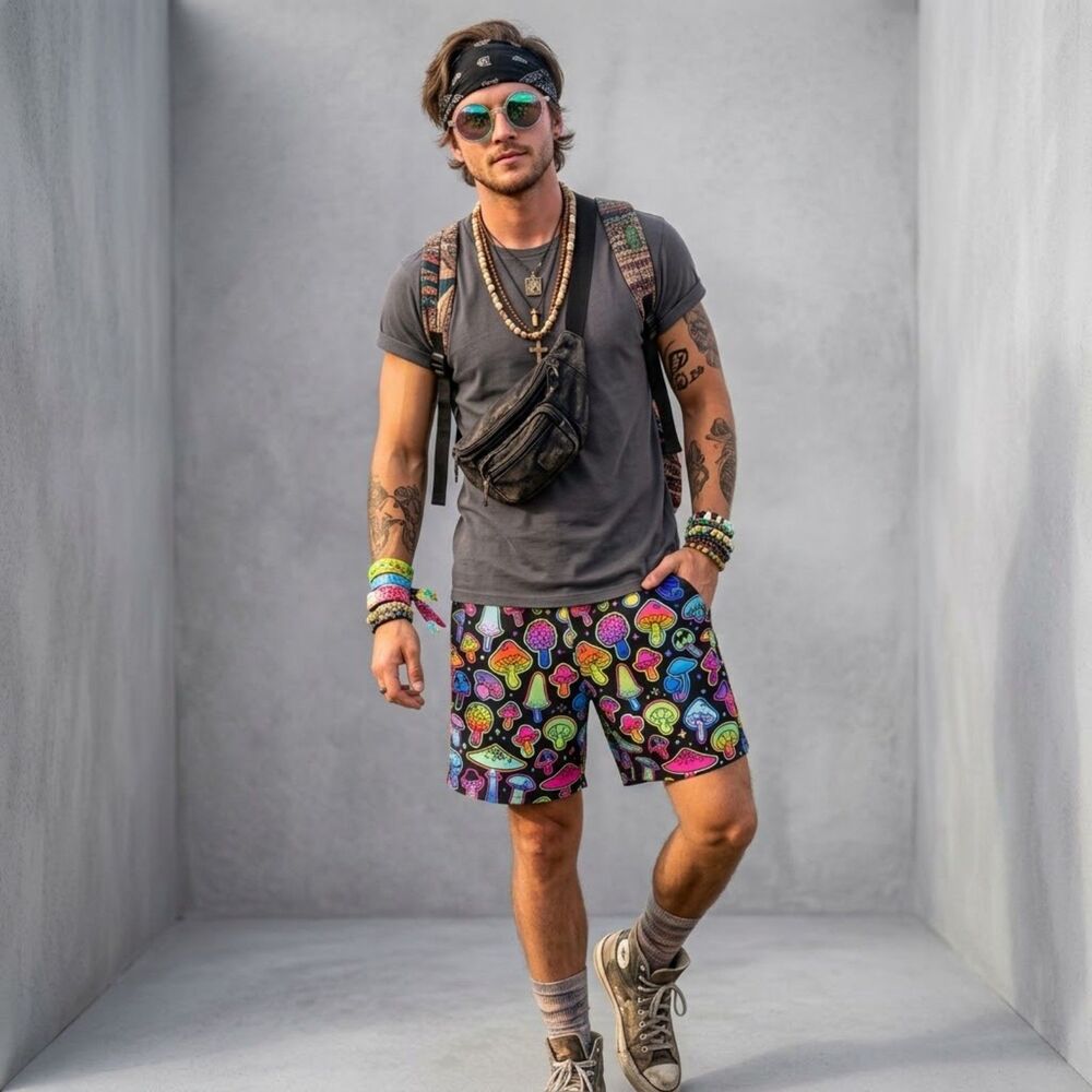 Psychedelic Neon Mushroom Graphic Print Shorts Size M